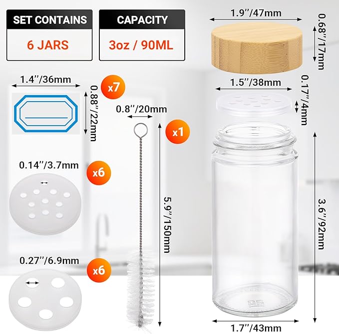 Segarty 3oz Spices Jars with Bamboo Shaker Lids, 6 Pack 90ml Round Spice Containers, Empty Glass Seasoning Organizers Spices Cereal Storage Set, Small Salt and Pepper Shakers, 7 Stickers and 1 Brush