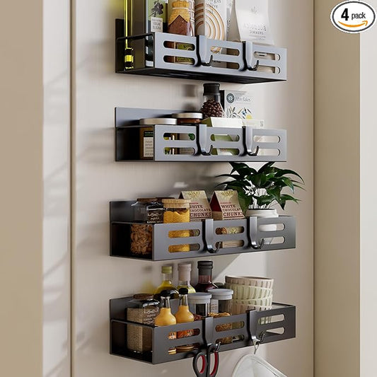 4 Pack Magnetic Spice Rack for Refrigerator, Black Magnetic Shelf and Fridge Kitchen Storage Cabinet Organizers Seasoning Organization Mini Shelves, Organizadores de Cocina