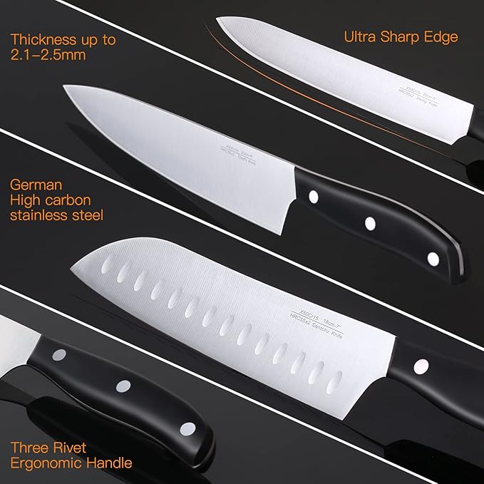 Knife Set, 15 Pcs Knife Sets for Kitchen with Block, Germany High Carbon Stainless Steel Knife Block Set with Sharpener and 6 Serrated Steak Knives, Professional Chef Knife Set for Kitchen Essentials