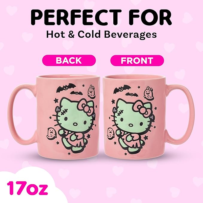 Silver Buffalo Sanrio Hello Kitty Halloween Frankenstein Wax Resist Ceramic Pottery Mug, 17 Ounces