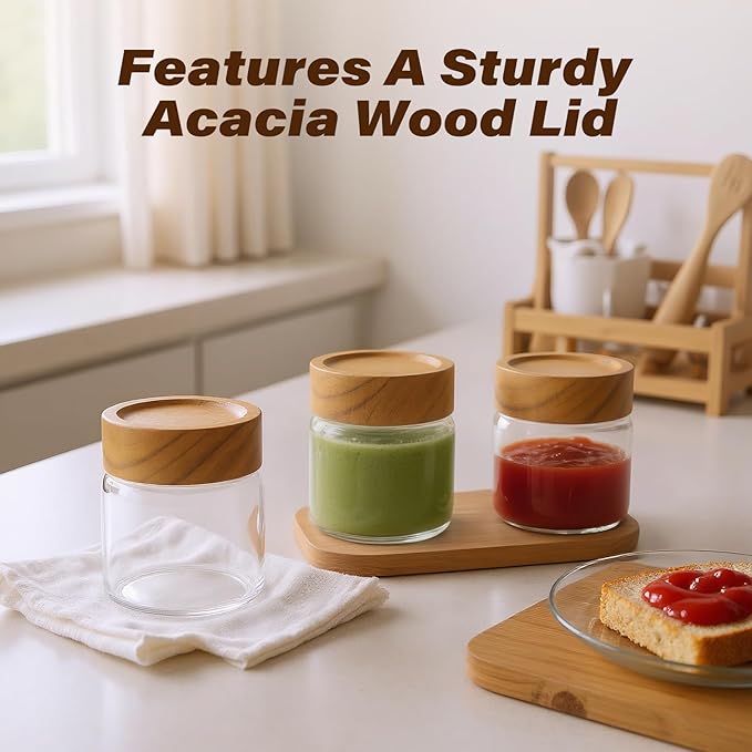 6-Pack 6 fl oz Airtight Food Sealed Jars with Acacia Wood Lids - Glass Meal Prep Containers for Overnight Oats, Snack Storage, Chia Pudding, Pantry Organization Essentials