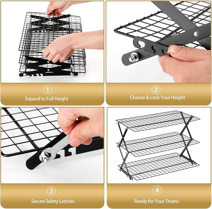 3-Tier Stackable Cooling Rack for Baking, Collapsible Wire Cookie Rack with Adjustable Heights, Non-Stick Roasting & Drying Rack for Cupcakes, Pies and Pastries, Space-Saving Kitchen Essential