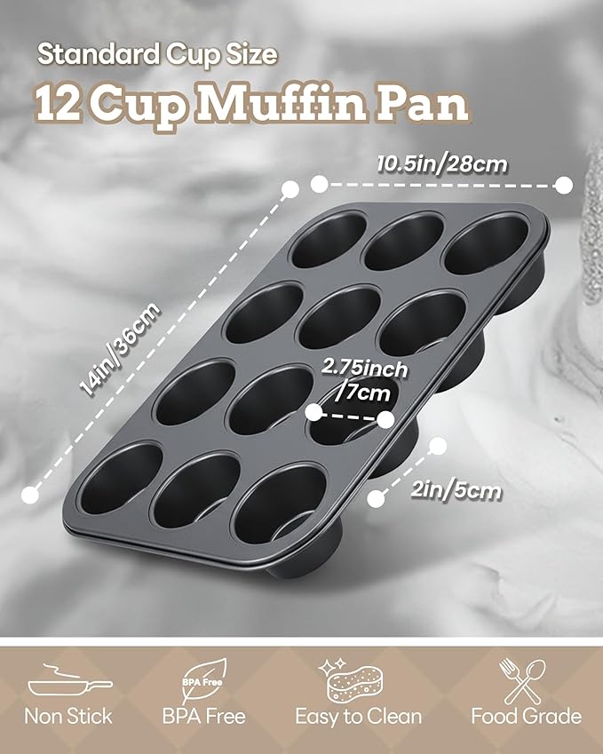 2 Pack Muffin Pan for Baking, Standard Cupcake Pan includes 100 Natural Cupcake Liners, Muffin Tin Nonstick 12 Cup, Baking Pans Set, Carbon Steel Baking Supplies