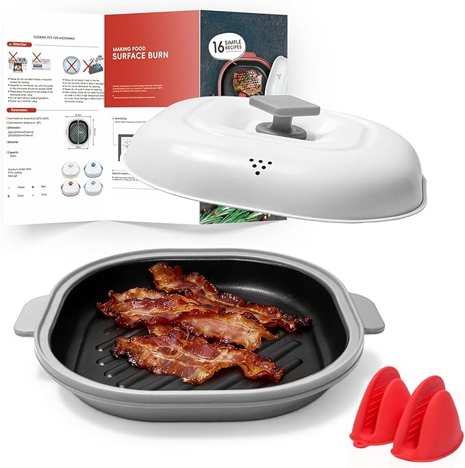 Microwave Grill Pan with Cover, Microwave Cookware Multi-Use for Grilling, Frying, Browning and Crisping, Microwave Bacon Cooker Tray, Microwave Griller with Cover Safe and Easy to Clean