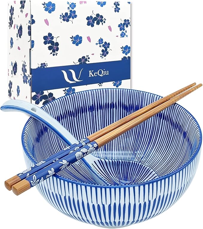 Japanese 28 Oz Ceramic Ramen Noodle Soup Cereal Pho Rice Salad Bowl Set with Chopsticks and Spoons, Premium Gift Set for House Warming, Birthday, Holiday, Microwave Safe, Dishwasher Safe