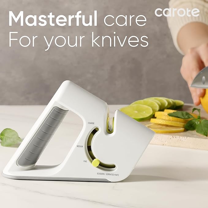 CAROTE 4-in-1 Knife Sharpener for Kitchen Knives Pocket Knife Sharpener Helps Repair, Restore,Polishe Blades, Safe & Easy to Use with Non-Slip Base and Grip Light Grey