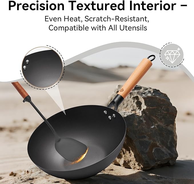 WANGYUANJI 11.8" High Purity Iron Wok Pan,Flat Bottom Stir Fry Pan for Electric,Induction & Gas Stoves,No Chemical Coating Carbon Steel Alternative,Traditional Hand-Hammered Skillet for Cooking