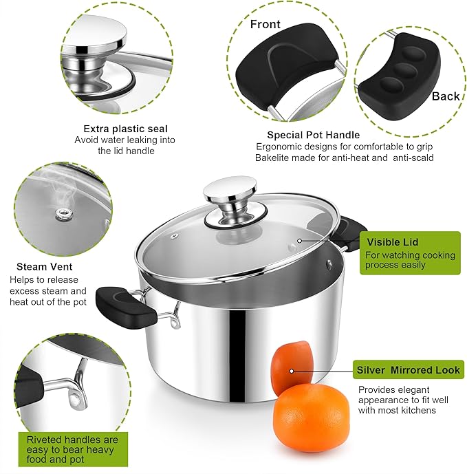 5 Quart 3-Ply Cooking Stock Pot with Lid, P&P CHEF Stainless Steel Large Pot for Pasta Soup, Work on Multi Stove, Heavy Duty & Dishwasher Safe, Dual Heat-resistant Handles & Transparent Glass Lid