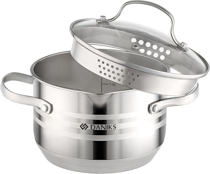 Daniks Tokio Stainless Steel Stock Pot 2 Quart, with Glass Strainer Lid, Induction Ready, Dishwasher Safe, Measuring Scale, Silver