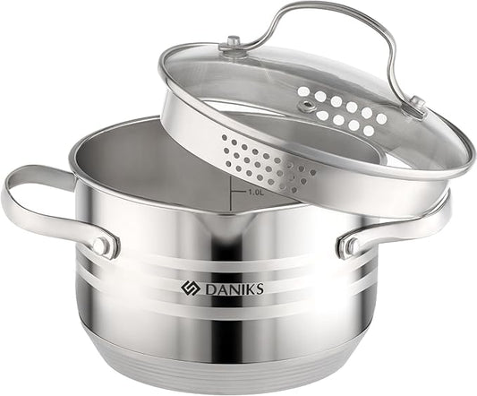 Daniks Tokio Stainless Steel Stock Pot 2 Quart, with Glass Strainer Lid, Induction Ready, Dishwasher Safe, Measuring Scale, Silver