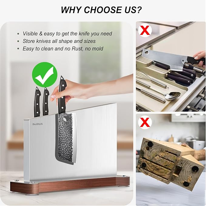 Large Magnetic Knife Block Holder Without Knives for Kitchen Counter, Stainless Steel Material Magnetic Knife Storage Stand Rack with Strong Double Sided Magnet and Wood Base - 16.15 x 11 Inches