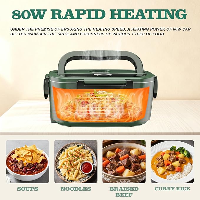 Buddew Electric Heated Lunch Box for Adults - 80W Fast Heating, 1.5L Food-Grade Stainless Steel, 12V/24V/110V Portable Food Warmer for Work Travel Car, Lonchera Electrica Portatil