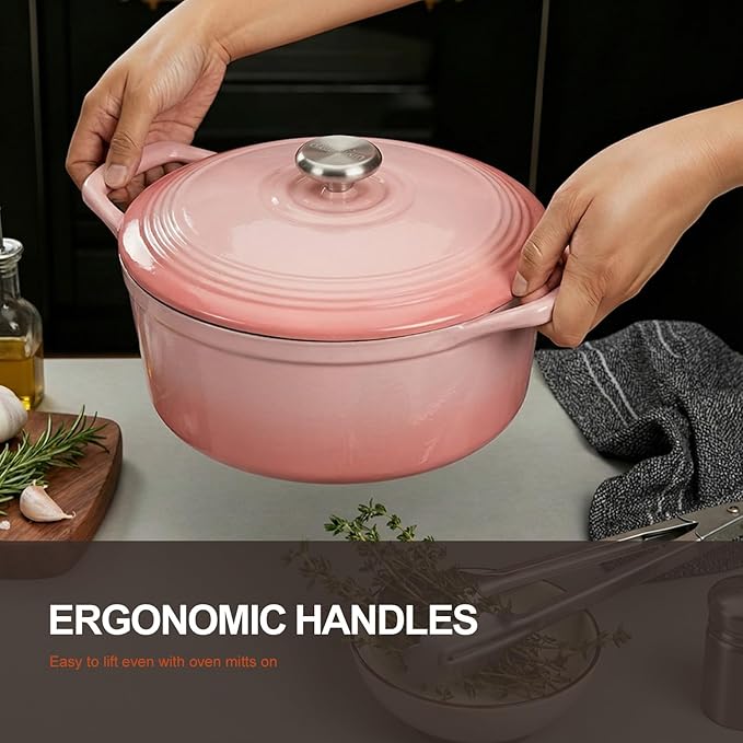 Overmont Enameled Cast Iron Dutch Oven - 5.5QT Pot with Wide Handles Lid Cookbook & Cotton Potholders - Heavy-Duty Pre-Seasoned Cookware Oven Safe to 500°F for Braising, Stews, Roasting, Bread Baking
