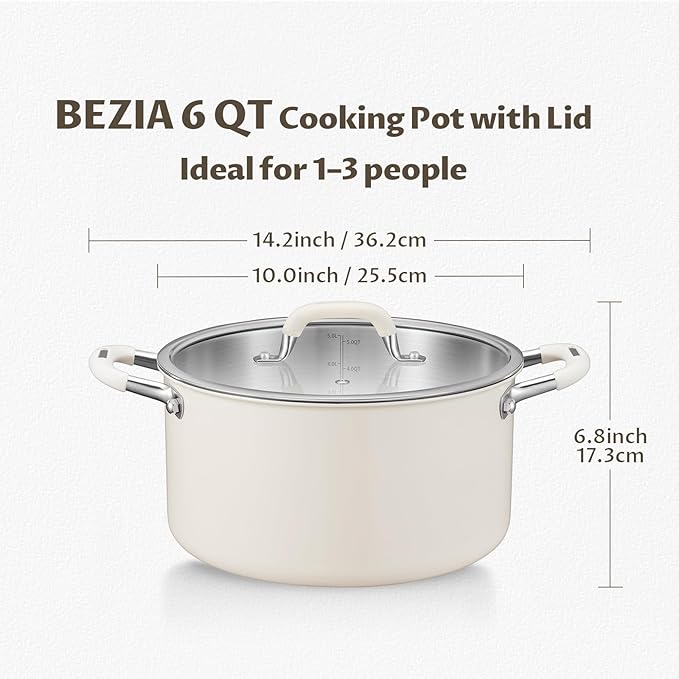 6 Quart Nonstick Stock Pot with Lid, BEZIA Fully-Clad 3-Ply Stainless Steel Pots, Induction Soup Pot with Lid, Kitchen Cooking Pots with Silicone Handle, for All Cooktops, Free of PTFE/PFOA/PFOS