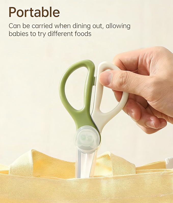 Baby Food Scissors Kicthen Shears,Kids Scissors Stainless Steel Scissors with Travel Storage Case - Ideal for Cutting Meat, Chicken, Vegetables, and Fruits - Green