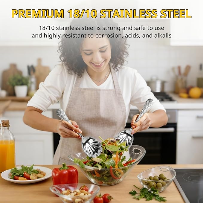 4Pack Serving Spoons 18/10 Stainless Steel Large Serving Spoons Set, Hammered Long Handle Serving Spoons for Buffet, Scalloped Design Serving Utensils for Kitchen Party Buffet Banquet (Silver)