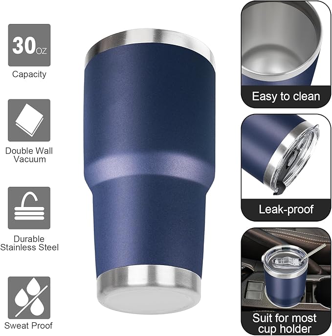 30 oz Tumbler with Lids and Straws Double Wall Vacuum Insulated Tumbler Cup,Stainless Steel Leak-proof Thermal Tumbler Powder Coated Travel Coffee Mug for Cold and Hot Drinks,Navy Blue