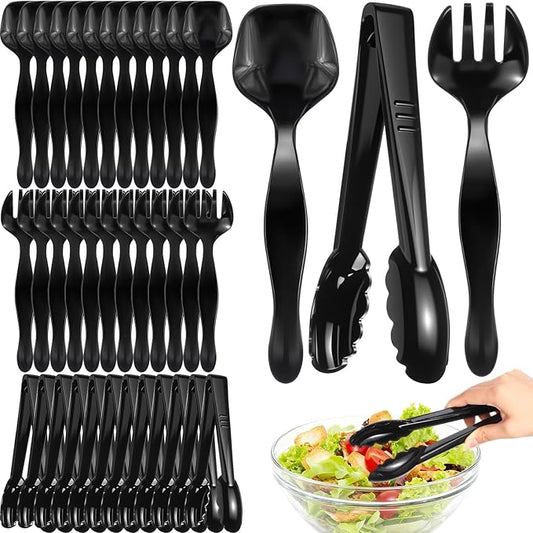 Patelai 36 Pcs Disposable Plastic Serving Utensils Set Including Black Disposable Serving Spoons Forks and Tongs Plastic Buffet Ware Supplies for Party Catering Restaurant Picnic Dinner