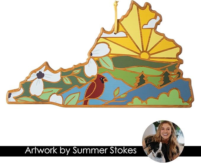 Totally Bamboo Virginia State Shaped Cutting Board and Charcuterie Serving Platter with Artwork by Summer Stokes, Includes Hang Tie for Wall Display