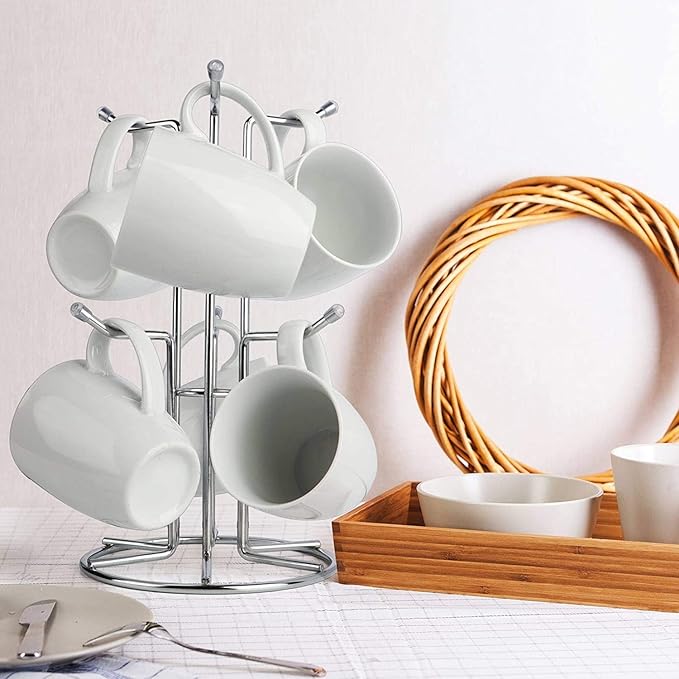 HULISEN Coffee Mug Holder for Countetop, Cup Tree for Counter Large Mugs with 6 Hooks, Metal Cup Holder Stand, Standing Rack Display for Coffee Bar, Silver