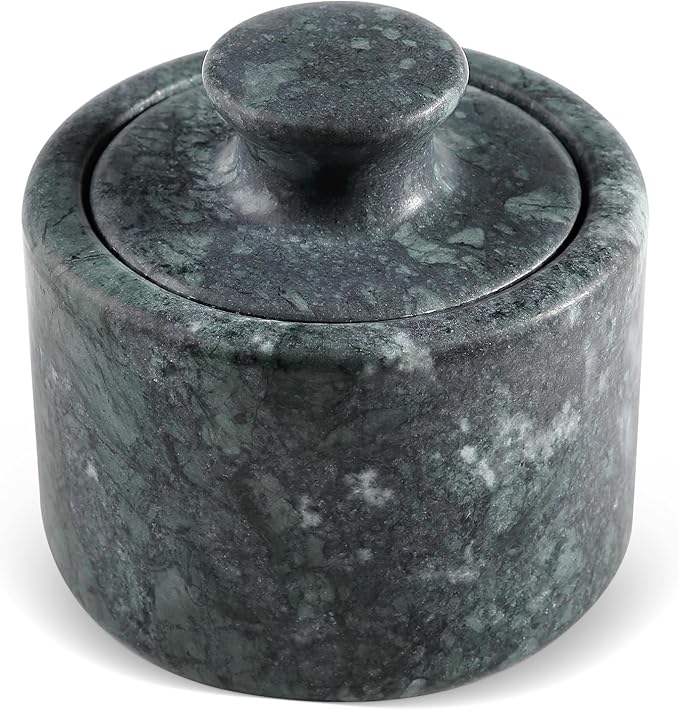 Koville Indian Green Marble Salt Cellar with Lid 3.5", Stone Pepper Container & Spice Jars for Kitchen, Marble Salt and Pepper Holder, Stone Storage Box for Kitchen Counter, Spice Jar