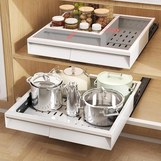 2 Pack Pull Out Cabinet Organizer With Raising Pad for Framed Cabinets,Expandable Width (11"-16") and Depth (13"-17"),3 Slide Rails Slide Out Drawers with Handle,No-Drill Roll Out Shelf,White