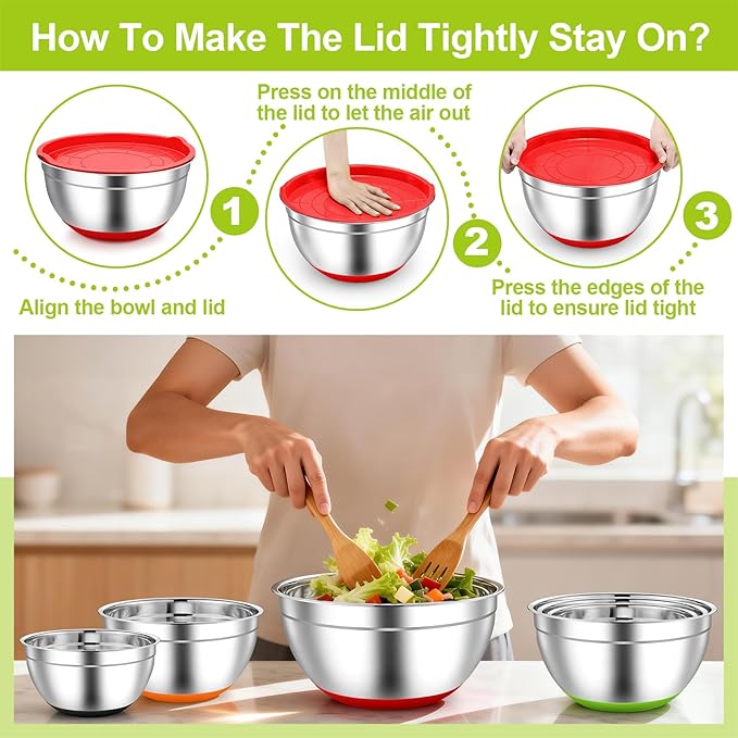 TeamFar Mixing Bowls, Stainless Steel Mixing Bowls with Lids, Nesting Salad Bowls with Air-tight Lids & Non-slip Bottom, Dishwasher Safe & Stackable, Set of 6-4.6/2.6/2 / 1.5/1 / 0.7 Qt