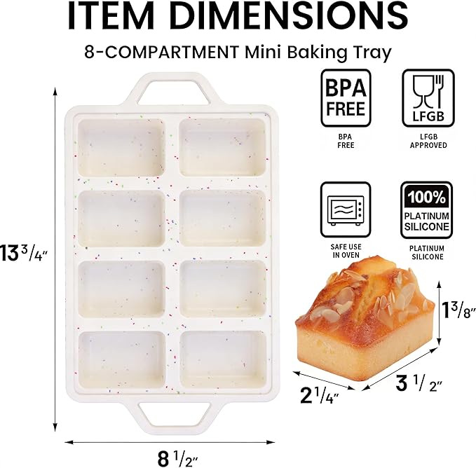 Silicone Mini Loaf Pans with Metal Reinforced Frame - Non-stick 8-Cavity Silicone Bread Pan for Baking, Tiny Banana Bread Set, Dishwasher Safe Brownie Pan-Cream
