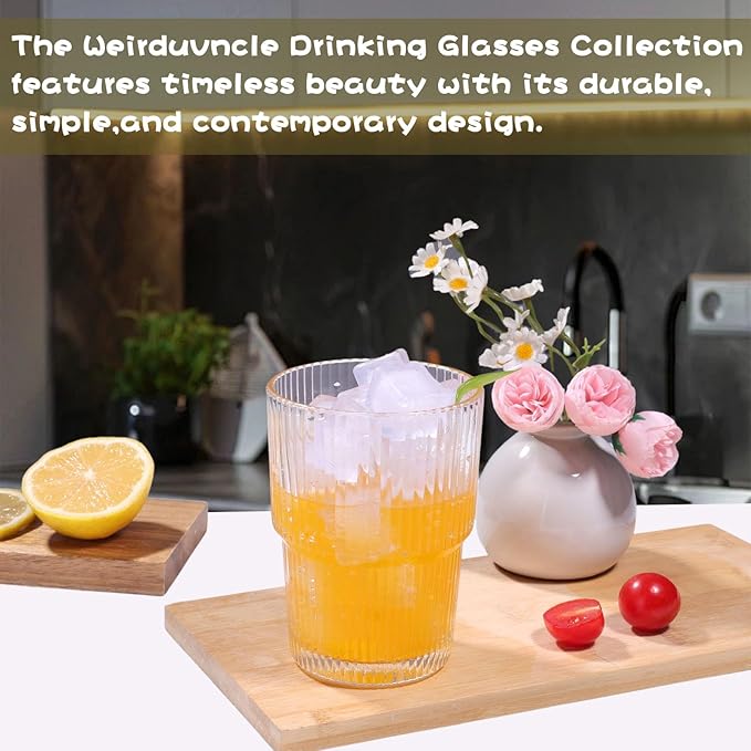 Set of 6 Cute Ribbed Glassware,14oz Vintage Clear Glass Tumbler, Origami Style, Fluted Design, Ideal for Water, Iced Coffee, Juice, Milk Tea, Latte, Housewarming Gift