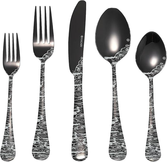 Wave Cutlery Set 20 Pieces Stainless Steel Flatware Set Service for 4 Utensils For Home Kitchen Wedding Laser Engraved Dishwasher Safe (All Black)