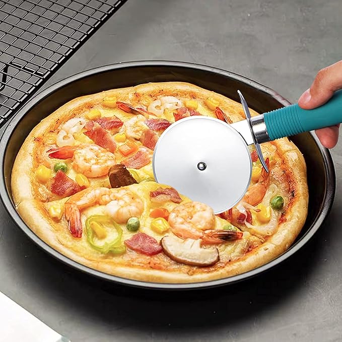 Webake Pizza Cutter Wheel Pie Serve Set, Large Pizza Slicer Stainless Steel Pie Cake Cutter with Non-slip Green Handle, Ideal for Cake Pizza Pies Dough Fudge