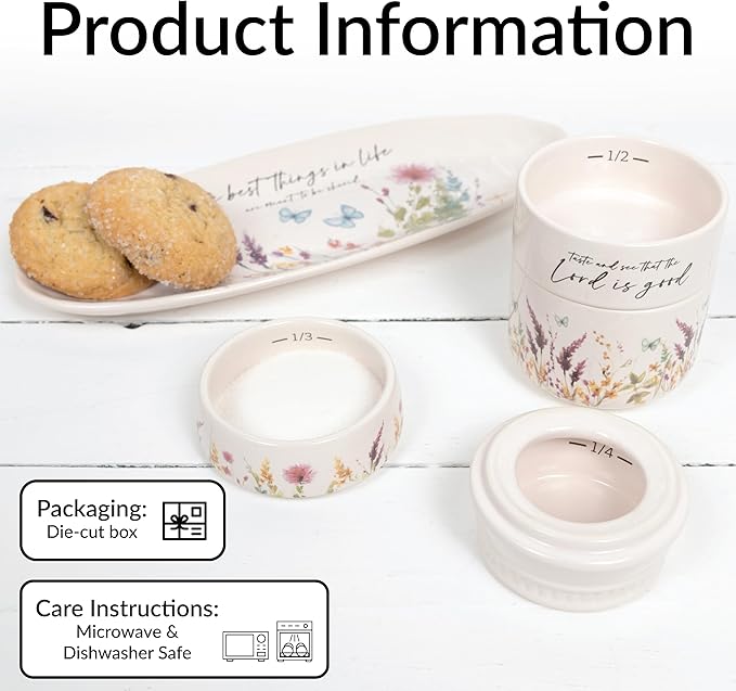 Pavilion Gift Company - The Lord - 6-inch Stackable Ceramic Kitchen Measuring Cup - ¼, ⅓, ½, 1 Cup, Rustic, Kitchen Summer Decor, Mason Jar Measuring Cup, 1 Count, Cream