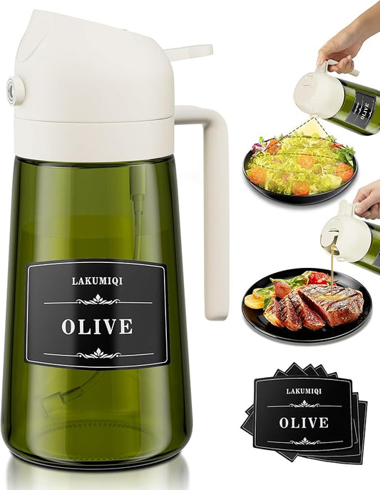 2 in 1 Oil Sprayer for Cooking, 16oz Olive Oil Dispenser Bottle for Kitchen, Food Grade Light-Blocking Leak Proof Glass Spray Bottle for Salad, Air Fryer, BBQ