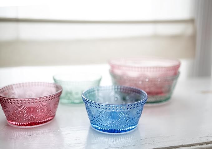 Boston International Vintage-Inspired Glass Serving Bowl with Embossed Floral Pattern for Salad Snacks Dinner, Small 4.75" x 2.25", Pink Codi
