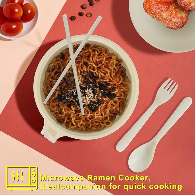 Ramen Bowl Set of 2, Ramen Cooker 33 oz, Ramen Bowls with Chopsticks and Spoon, Microwave Pasta Cooker, Ramen Bowl Microwave Gift College Dorm Essentials for Girls Guys (White)