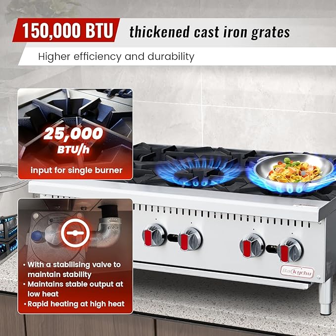 Commercial Gas Stove 6-Burner - 150,000 BTU Countertop Cooking Stove Range, Heavy-Duty Hot Plate, Stainless Steel Cooking Equipment for Restaurant, kitchens, Propane/Natural Gas
