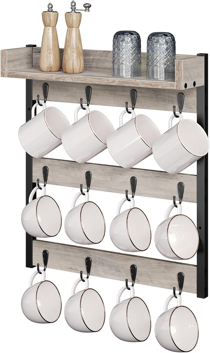 Coffee Mug Holder Stand, 3 Tier Mug Tree Rack, Hanging 12 Cups, with Top Shelf, for Kitchen, Dining Room, Living Room, Cafe, Greige and Black MH42BG