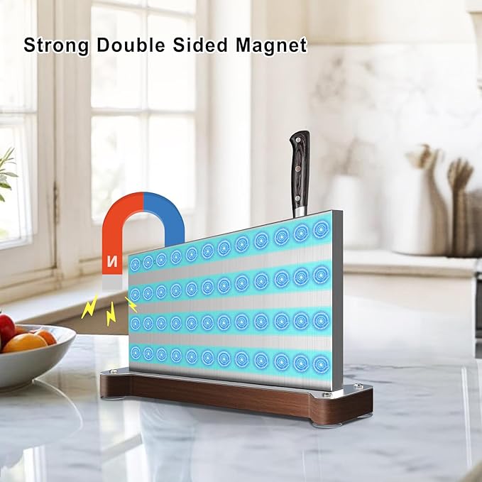 Magnetic Knife Holder Stand,Large Double Sided Magnetic Knife Block WIthout Knives Stainless Steel Magnet Kitchen Knife Holder Strong Magnetic Knife Rack Storage With Three Magnet Strip