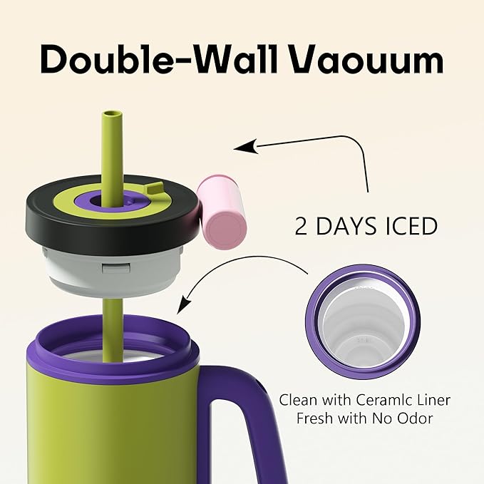 Tumbler with Handle,36 oz Ceramic Lined Travel Mug Water Bottle with Straw,Vacuum Insulated Stainless Steel Cup with Lid,Fits Cup Holder, Leak Resistant Press-in Lid,Green