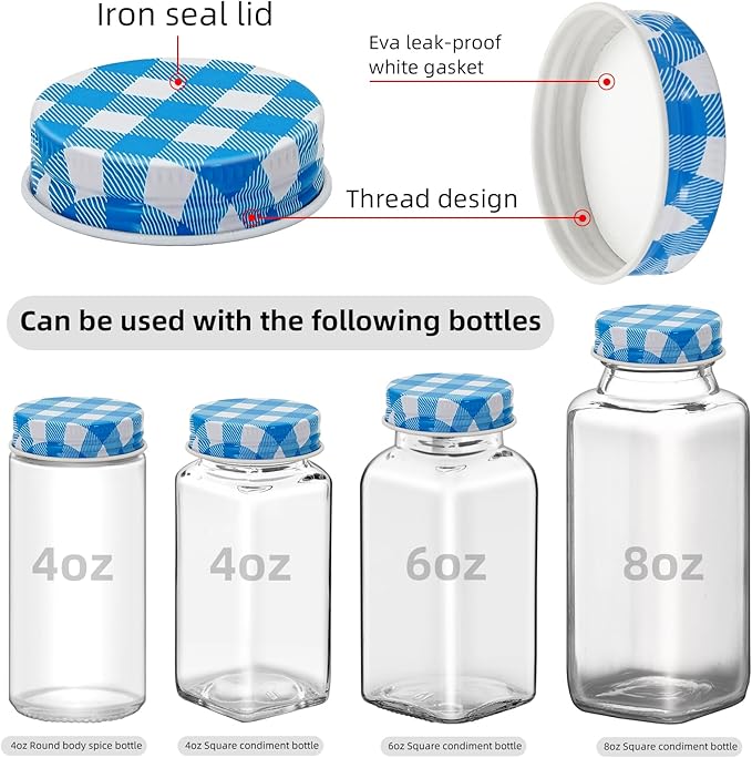 48 Pcs iron Jar Lids Lids for 4 oz and 6 oz Square Spice Jars Reusable Can Airtight Spice Storage Canning Lids for Nice Sealing Kitchen (Blue grid)