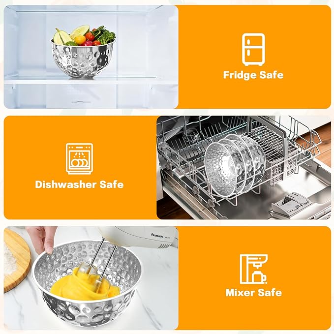 5 Piece Stainless Steel Mixing Bowls Set, Hammered Bowl Nesting Design Kitchen Bowls for Cooking, Baking, Serving (Size: 4.9/4.2/3.2/2.1/1.6QT)