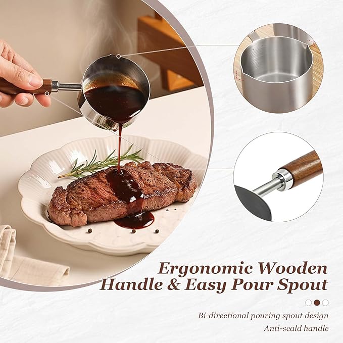 Mini Sauce Pan Cooking Pot with Wooden Handle, Stainless Steel Small Milk Pan and Butter Warmer, with pour spout,250ml