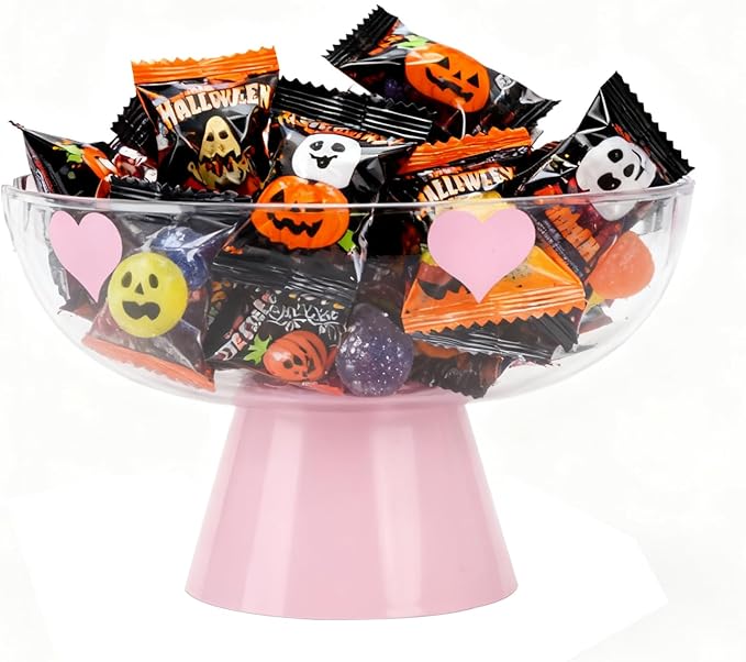 Candy Bowl with Pedestal Base, Decorative Clear Plastic Bowl with Cute Pattern for Candy, Fruit, Vegetable, Coffee Pods, 9.5x9.5x6 Inches (Pink)