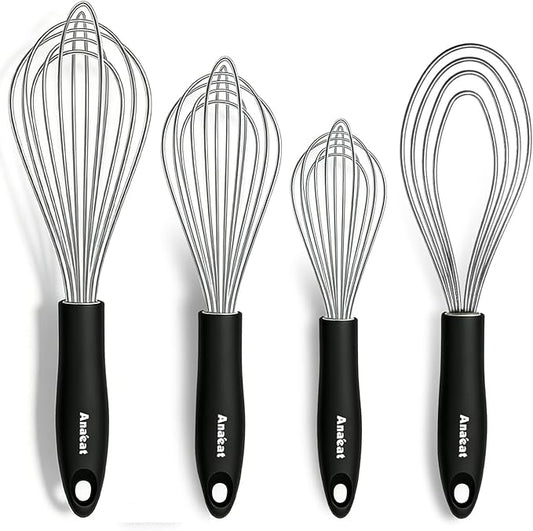 Anaeat Stainless Steel Kitchen Whisk Set of 4, Milk and Egg Beater Blender with Thick Wire for Whisking, Cooking, Baking, Beating and Stirring - 11'' Flat Whisk and 9''+11''+12'' Balloon Whisks