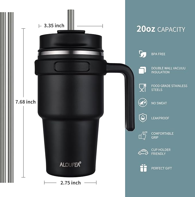 ALOUFEA 20 oz Insulated Coffee Mug Tumbler with Handle, Stainless Steel Travel Mug Tumbler with Lid and Straw,Double Wall Vacuum Leak Proof Ice Coffee Thermal Cup, Indigo Black
