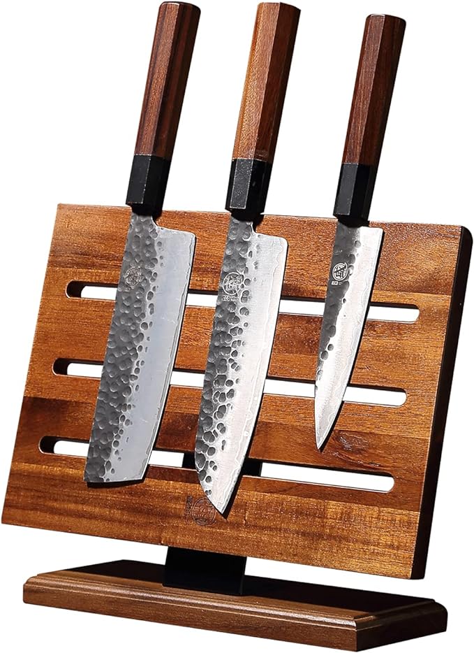 MITSUMOTO SAKARI Double Sided Magnetic Knife Block - 12.5" Acacia Wood Holder for Countertop, Heavy Duty Magnets Stands Holds Chef Knives, Sleek & Secure Storage