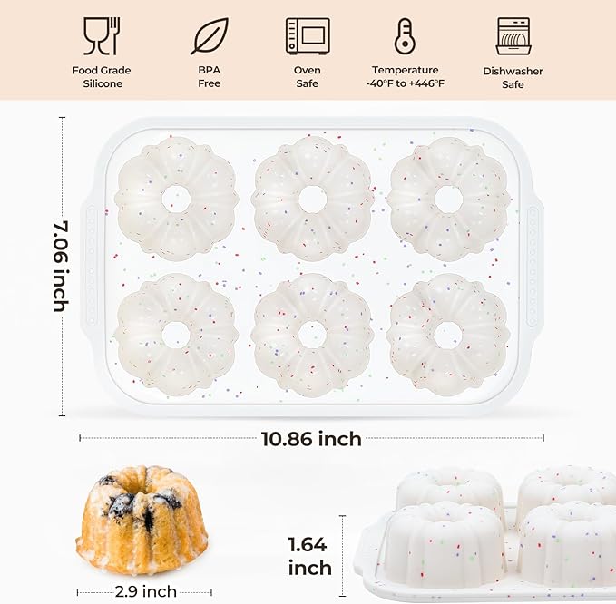 FUNBAKY Mini Fluted Tube Cake Pans for Baking with Metal Reinforced Frame, 2Pcs Silicone 6-Cavity Mini Flan Molds, Nonstick Baking Mold for Cupcake, Brownie, Donuts, Cornbread, Jello