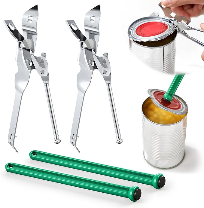 2 Pack Can Opener Manual, Smooth Edge Can Opener with Magnetic Wand, Heavy Duty Hand Held Canned Open Kit, Small Side Cut Abrelatas, Multifunctional Bottle Open for Camping, Kitchen