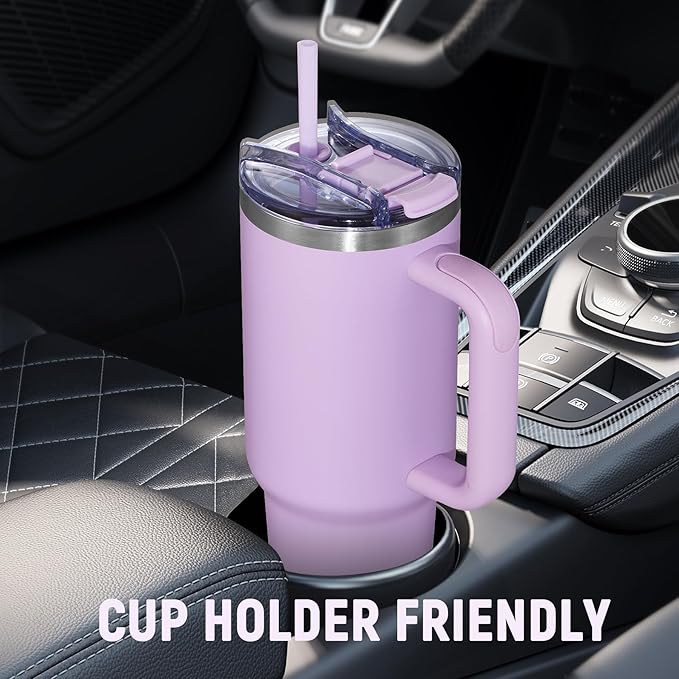 COKTIK 40 oz Tumbler With Handle and Straw, Insulated Tumbler With Leakproof Lids, Stainless Steel|BPA-Free, Cold for 24 H (Lavender)