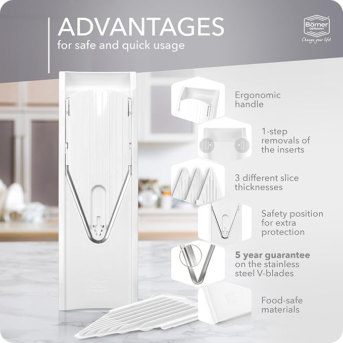 Börner Mandoline Slicer V1 (Basis Set) • V-Slicer with 2 Inserts & Fruit Holder • Adjustable Kitchen Slicer for Vegetables & Fruits • Vegetable Cutter • 3 Thickness Settings • Color: White
